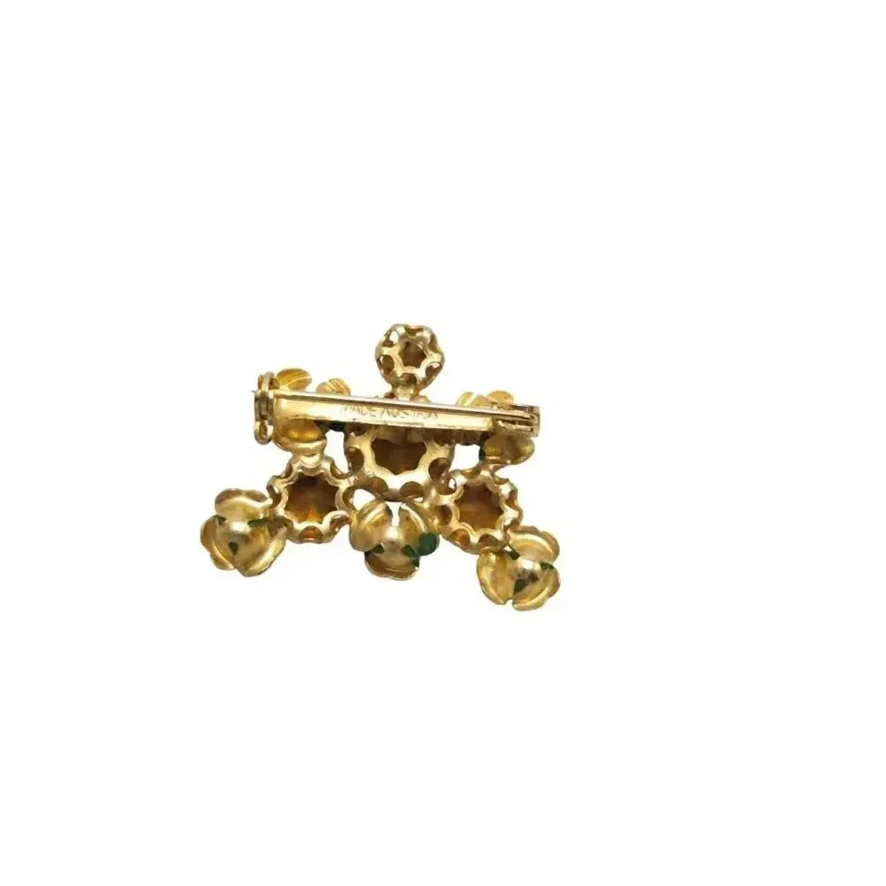 Austrian Green Crystal Enamel Flower Brooch Pin Gold Tone Vintage